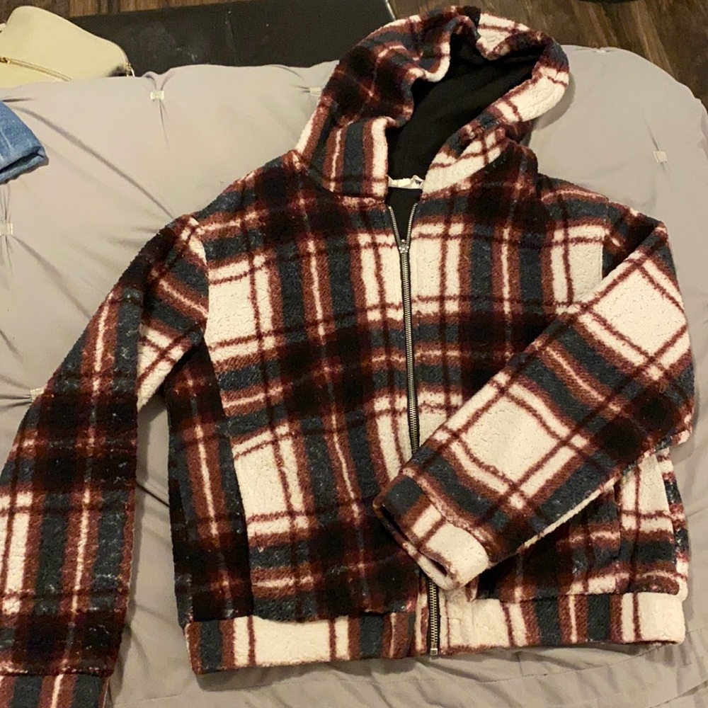 Plaid Sherpa zip hoodie